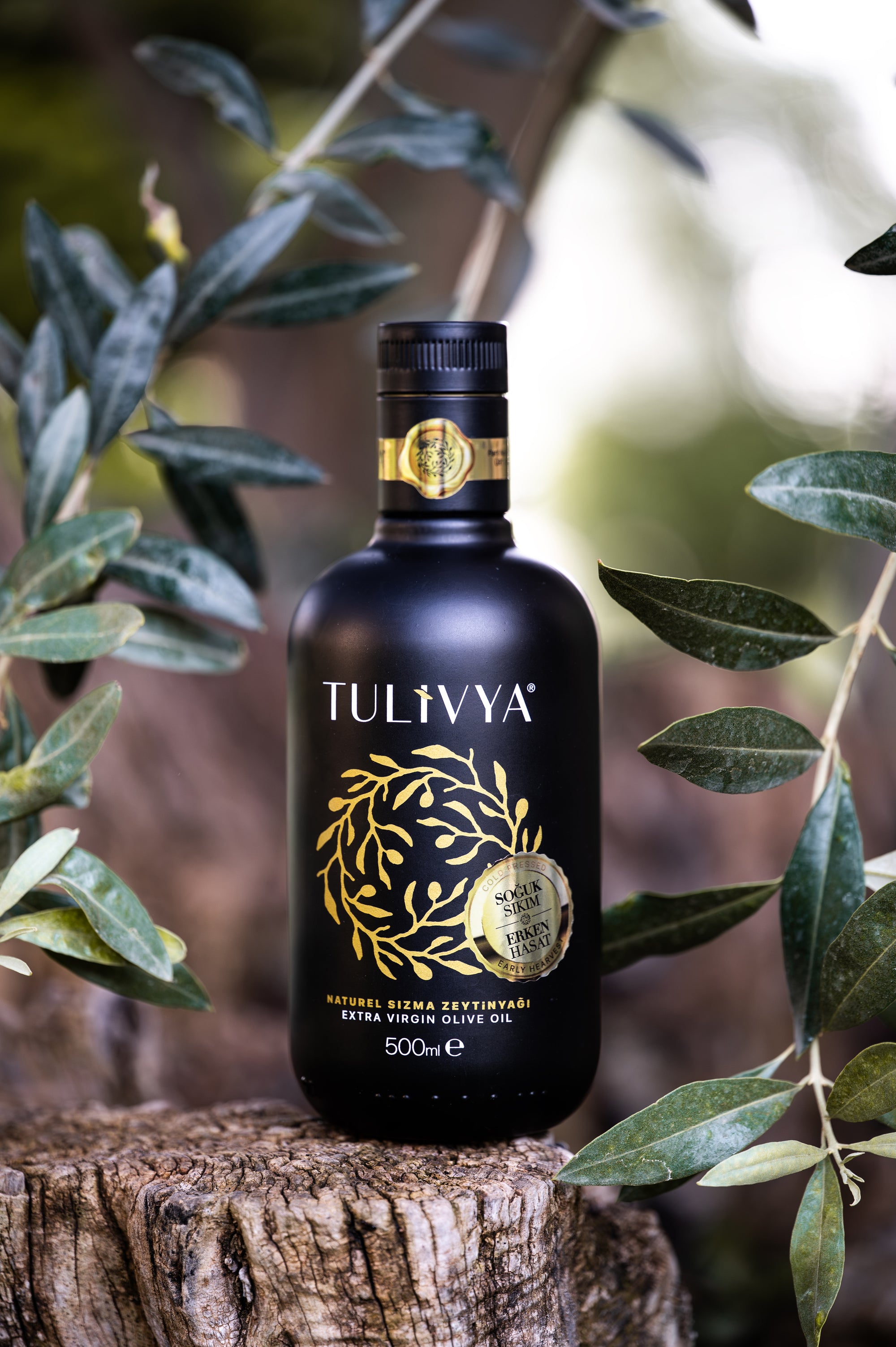 A bottle of TULIVYA resting on an olive stump