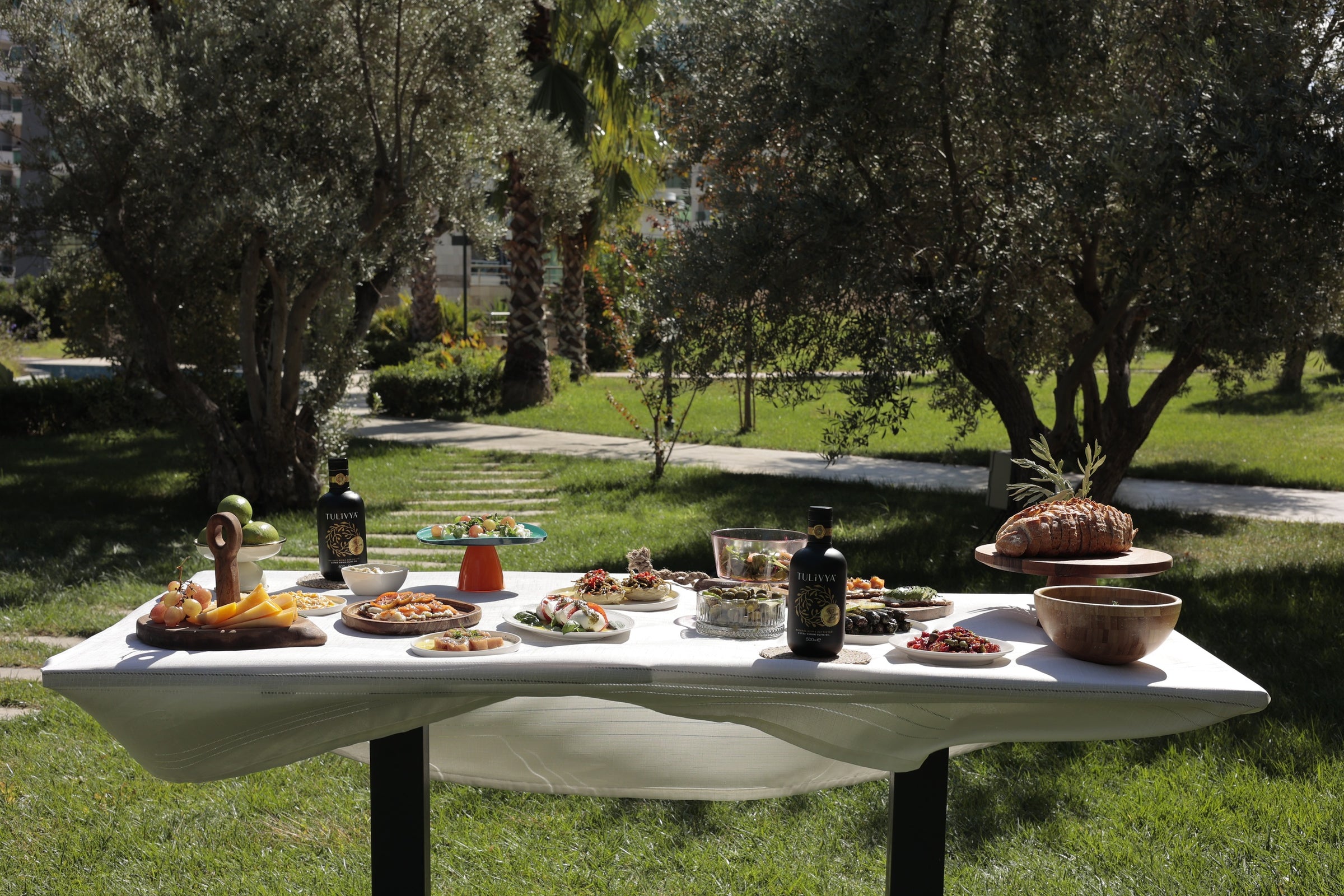 Tulivya bottles on an outdoor table among olive trees